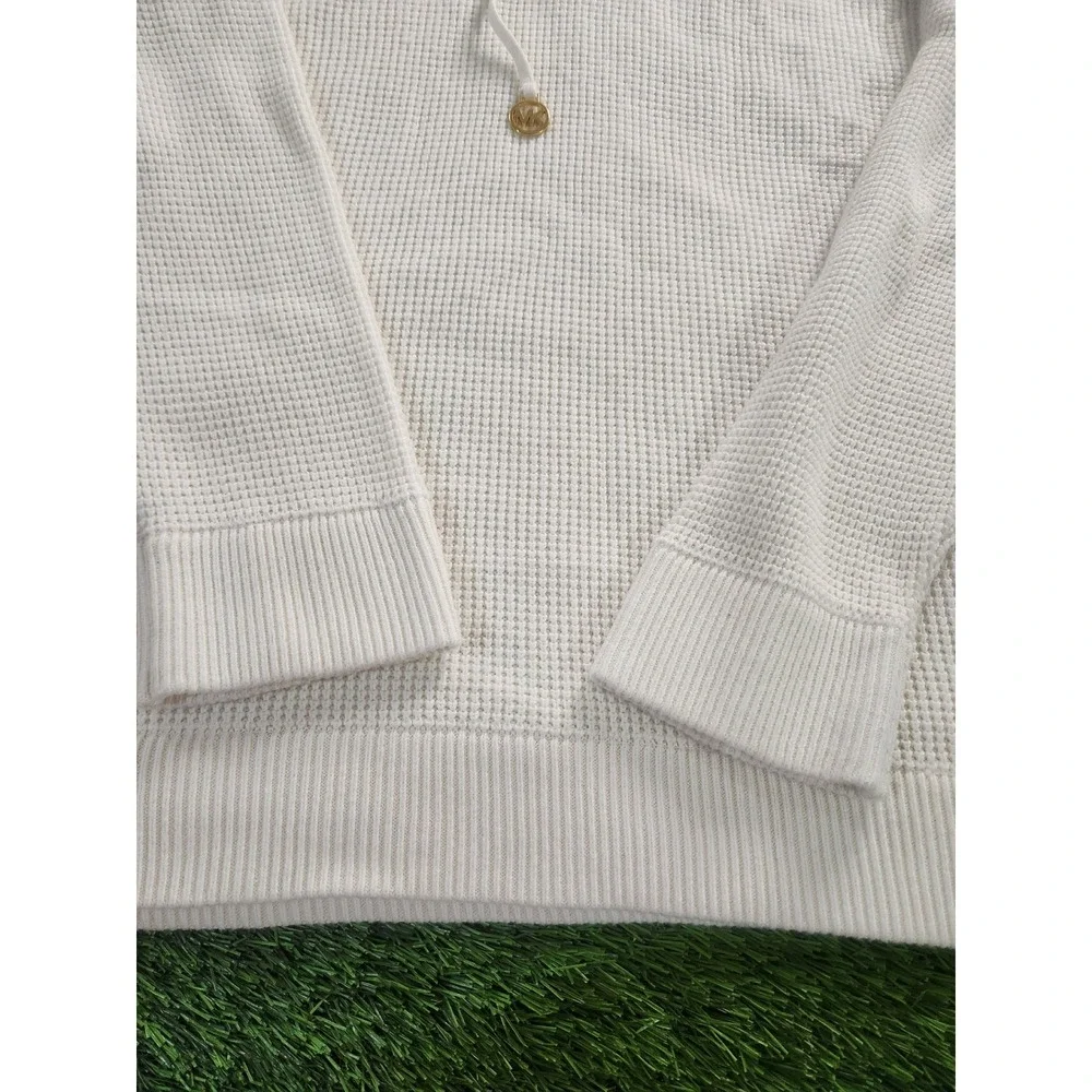 Michael Kors Womens 1X White Waffle Knit Hooded Pullover Sweater Gold Hardware